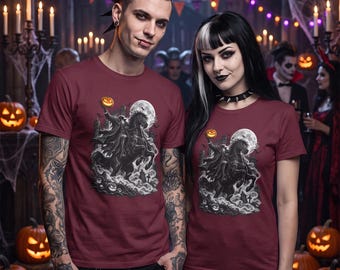Camiseta gótica de Halloween, camiseta del jinete sin cabeza en blanco y negro, regalo para cementerio con caballo negro encabritado (unisex)