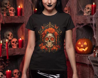 Camiseta con calavera floral, camiseta gótica con calavera de azúcar, corona de flores naranjas con mariposas monarca y calabazas (unisex)