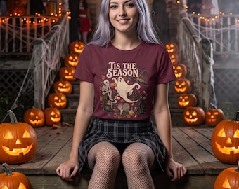 Camiseta de Halloween con diseño retro de fantasma, esqueleto y gato negro, y un caldero de bruja, ideal para la temporada de Halloween (unisex).