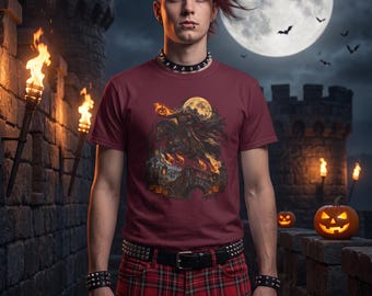 Camiseta del Jinete sin Cabeza, Camiseta del Jinete de Calabaza en Llamas, Regalo de Halloween para Él con temática de cementerio y puente embrujado (Unisex)