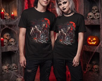 Camiseta oscura de Halloween, camiseta de esqueleto segador gritando, regalo gótico de terror de cementerio de luna de sangre (unisex)