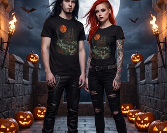 Camiseta de casa embrujada, camiseta de mansión gótica victoriana, regalo de calabaza de Halloween con luna de cosecha y pantano tenebroso (unisex)
