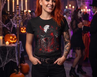 Camiseta de Final Girl, camiseta de casa embrujada de película de terror, estética gótica de terror en rojo y negro, regalo para ella (unisex)