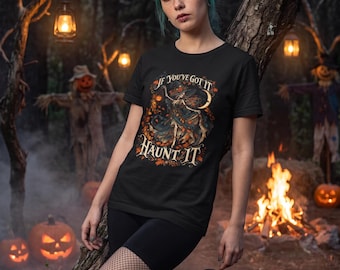 Camiseta de bruja otoñal, camiseta de bruja esqueleto de otoño, regalo vintage con hojas de bruja y luna creciente para ella (unisex)