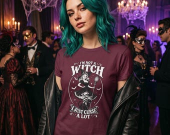Camiseta de bruja sarcástica, No soy una bruja, solo digo muchas palabrotas, Camiseta retro pin-up de bruja y gato negro, regalo de Halloween (Unisex)