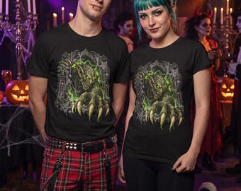 Camiseta de duende, camiseta de monstruo de terror, arco de gárgola gótica con ojos brillantes, criatura espeluznante, regalo de Halloween (unisex)