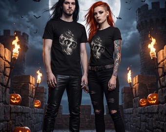 Camiseta con calavera espeluznante, camiseta de cabaña embrujada de arte oscuro, calavera de bosque de pinos con máscaras de teatro, regalo de terror gótico (unisex)