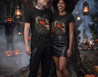 Camiseta con cabeza de calabaza, camiseta con sombrero de bruja de calabaza malvada, regalo de Halloween con espantapájaros y tormenta eléctrica (unisex)