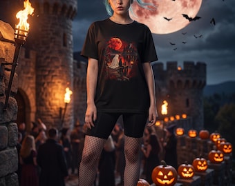 Camiseta de fantasma y gato, camiseta de fantasma y sábana con forma de lago de luna de sangre, regalo acogedor y espeluznante para amantes de los gatos (unisex)