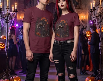 Camiseta espeluznante de Halloween, camiseta con linterna de la Parca, regalo de terror de luna de sangre en la puerta del cementerio de esqueletos para él (unisex)