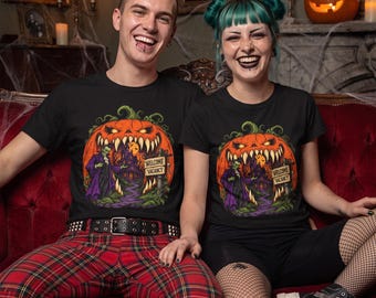 Camiseta de calabaza terrorífica, camiseta de casa embrujada con calabaza malvada, regalo morado de anfitrión vampiro para Halloween (unisex)