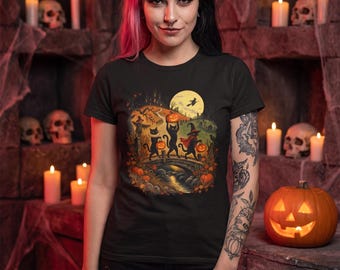Camiseta vintage de Halloween con gatos, camiseta con tres gatos negros y estampado de calabazas, regalo retro para amantes de los gatos y la luna (unisex).