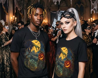 Camiseta de cementerio de Halloween, camiseta con calabaza de mano de monstruo espeluznante, regalo terrorífico para la puerta del cementerio con luna llena (unisex)