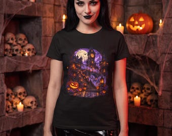 Camiseta morada de Halloween, camiseta gótica con torre del reloj y castillo, regalo de fantasía a la luz de la luna con escalera de calabaza para ella (unisex)