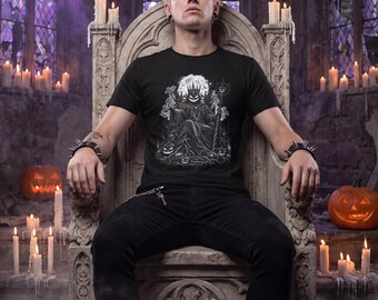 Camiseta del Rey Calabaza, Camiseta gótica con trono de calabaza de Halloween, Corona de calavera en blanco y negro, Regalo oscuro de Halloween (Unisex)