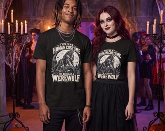 Camiseta divertida de hombre lobo, este es mi disfraz humano, en realidad soy un hombre lobo, disfraz de lobo de luna llena para Halloween (unisex)