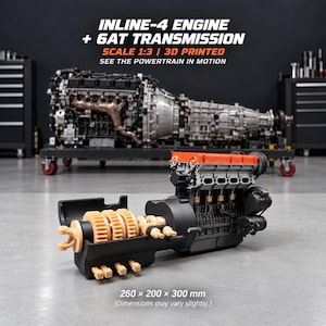 May include: A 3D printed 1:3 scale model of an inline-4 engine and 6AT transmission. The model features a black engine block, an orange valve cover, and tan internal gears. Text reads: INLINE-4 ENGINE + 6AT TRANSMISSION, SCALE 1:3 | 3D PRINTED, SEE THE POWERTRAIN IN MOTION, 260 x 200 x 300 mm.