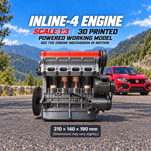 May include: A 3D printed inline-4 engine model with a red valve cover and gray block, featuring visible pistons. Text reads: INLINE-4 ENGINE, SCALE 1:3, 3D PRINTED, POWERED WORKING MODEL, SEE THE ENGINE MECHANISM IN MOTION, 210 x 140 x 190 mm.
