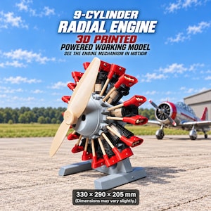 Peut inclure: Un modèle de moteur radial à 9 cylindres imprimé en 3D avec une hélice claire, des composants rouges et noirs et un support gris. Texte : 9-CYLINDER RADIAL ENGINE 3D PRINTED POWERED WORKING MODEL SEE THE ENGINE MECHANISM IN MOTION 330 x 290 x 205 mm.