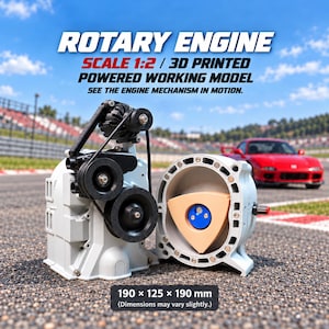 Peut inclure: Un modèle de moteur rotatif imprimé en 3D à l'échelle 1:2 avec un rotor beige et un centre bleu. L'unité comporte des poulies et des courroies noires, mesurant 190 x 125 x 190 mm. Texte : ROTARY ENGINE, SCALE 1:2 / 3D PRINTED POWERED WORKING MODEL.