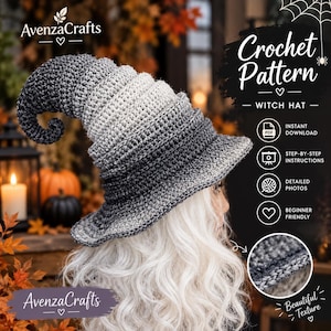 Puede incluir: Un patrón de ganchillo para sombrero de bruja de AvenzaCrafts con diseño degradado en gris y punta curva. La imagen incluye el texto: Crochet Pattern, Witch Hat, Instant Download, Step-by-Step Instructions, Detailed Photos, Beginner Friendly.