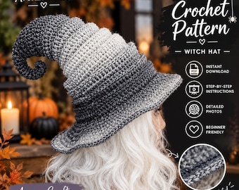 May include: A crochet witch hat pattern by AvenzaCrafts featuring a grey ombre design with a curled tip. The image includes text: Crochet Pattern, Witch Hat, Instant Download, Step-by-Step Instructions, Detailed Photos, Beginner Friendly.