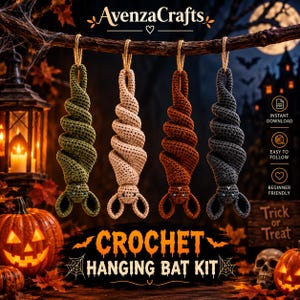 May include: Four crocheted hanging bat ornaments in olive green, beige, rust orange, and dark gray. Each bat features a spiral-shaped body, two ears, and small eyes. The text reads AvenzaCrafts, Crochet Hanging Bat Kit, Instant Download, Easy to Follow, Beginner Friendly, and Trick or Treat.