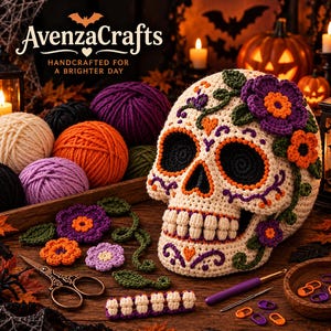 Puede incluir: Una calavera de ganchillo hecha con hilo color crema, decorada con flores moradas y naranjas, enredaderas verdes y cuencas oculares negras. La calavera presenta una fila de dientes color crema, un diseño morado y naranja en la barbilla y un corazón.
