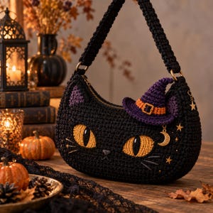 May include: A black crochet handbag shaped like a cat face with large orange eyes, a small purple witch hat with an orange band, and a gold crescent moon charm. The bag features a thick braided handle, a zipper closure, and embroidered whiskers.