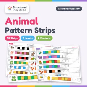 Tiras de patrones imprimibles, patrones de colores AB AAB ABC, centro de matemáticas preescolar, tarjetas de patrones de animales