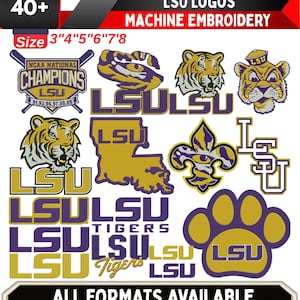 May include: A collection of purple and gold LSU machine embroidery designs featuring tiger heads, the state of Louisiana, a fleur-de-lis, paw prints, and various LSU text logos. The image includes text stating 40+ LSU LOGOS MACHINE EMBROIDERY and sizes 3" 4" 5" 6" 7" 8".