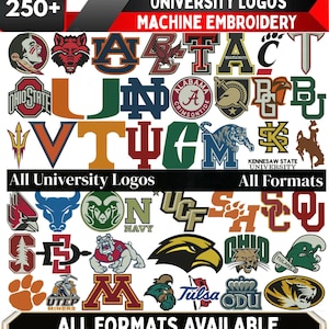 May include: A digital collection of over 250 university logos designed for machine embroidery. The image displays a grid of various colorful collegiate emblems, mascots, and letter marks, with text headers reading 250+ University Logos and All Formats.