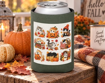 Refroidisseur de canette chat d'automne mignon, manchon isotherme chaton d'automne, étui à canette chat citrouille, porte-boissons douillet pour l'automne, cadeau pour amoureux des chats
