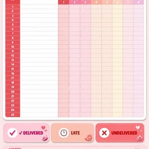 Puede incluir: Una plantilla de lista de verificación de tareas en rosa y blanco con una tabla para 25 estudiantes, columnas para fechas y secciones para lección, fecha, notas, comentarios del profesor y estados de entregado, tarde o no entregado.