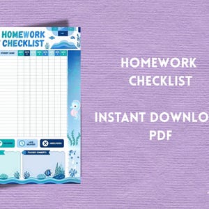 May include: A blue homework checklist printable document featuring an underwater theme with illustrations of fish, seahorses, and coral. The grid includes columns for student name and dates, with sections for notes and teacher comments at the bottom.