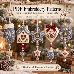 May include: Five felt ornaments featuring a mitten, house, star, heart, and wreath with embroidery. Text reads: PDF Embroidery Patterns with Ornament Templates + Bonus SVG, TRACE EMBROIDER SEW DECORATE, and 5 Winter Felt Ornament Designs.