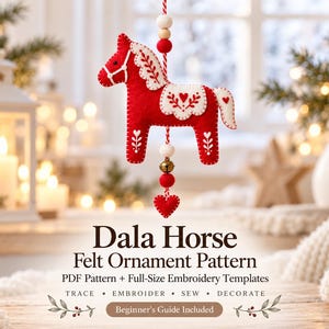 May include: A red and white felt Dala horse ornament hanging from a red and white string with wooden beads and a small bell. The text reads: Dala Horse Felt Ornament Pattern, PDF Pattern + Full-Size Embroidery Templates, TRACE, EMBROIDER, SEW, DECORATE, Beginner's Guide Included.