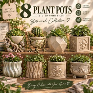 Pode incluir: Uma coleção digital de 8 vasos de plantas com várias texturas e designs, incluindo padrões de raízes de árvores, geométricos e flor-de-lis. A imagem exibe o texto 8 PLANT POTS STL 3D PRINT FILES Botanical Collection e Bring Nature into Your Home.