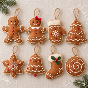 May include: A set of eight brown felt Christmas ornaments featuring a gingerbread person, a gingerbread person with a red bow, a mitten, a tree, a star, a bell, a stocking with holly, and a swirl, all decorated with white stitching and red beads.