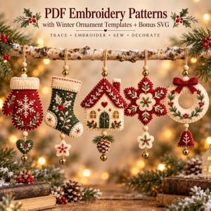 May include: PDF Embroidery Patterns with Winter Ornament Templates + Bonus SVG. Trace, embroider, sew, decorate. Five felt ornaments hang from a branch: a red mitten, a green stocking, a house, a snowflake, and a wreath with a bell.