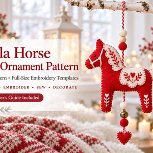 May include: A red and white felt Dala horse ornament hanging from a branch, featuring intricate white embroidery. The text reads: Dala Horse Felt Ornament Pattern, PDF Pattern + Full-Size Embroidery Templates, TRACE, EMBROIDER, SEW, DECORATE, Beginner's Guide Included.