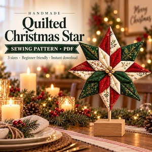 May include: A handmade quilted Christmas star sewing pattern PDF featuring text that reads Handmade Quilted Christmas Star, Sewing Pattern, PDF, 3 sizes, Beginner friendly, Instant download. The star is red, green, and cream fabric.