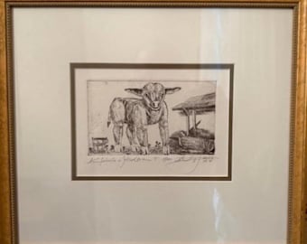 Vintage Steampunk-Radierung eines mechanischen Bullen – Bleistiftsigniert und nummeriert 51/100 – Gerahmte Bauernhof-Kunst