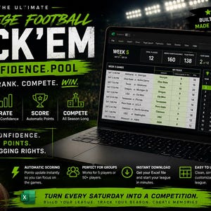 Può includere: Un foglio di calcolo digitale visualizzato sullo schermo di un portatile per un pool di scommesse sul football universitario. L'interfaccia mostra le partite della settimana 5, classifiche e punteggi. Il testo include THE ULTIMATE COLLEGE FOOTBALL PICK'EM.