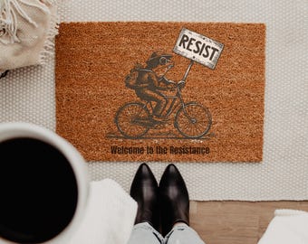 Welcome To The Resistance Doormat, Frog Riding Bike Welcome Mat -Funny Sarcastic Coir Outdoor Rug, Goblincore Porch Decor, Housewarming Gift