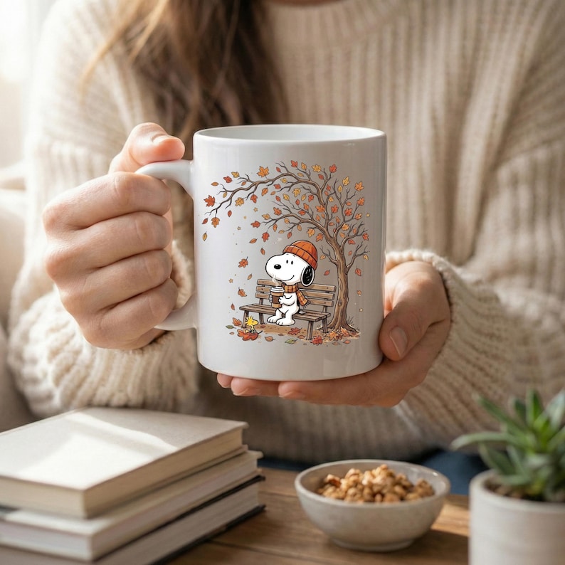 May include: A white ceramic mug featuring a printed illustration of Snoopy wearing an orange beanie and scarf, sitting on a wooden bench under an autumn tree with falling leaves, holding a cup while a small yellow bird sits nearby on the ground.