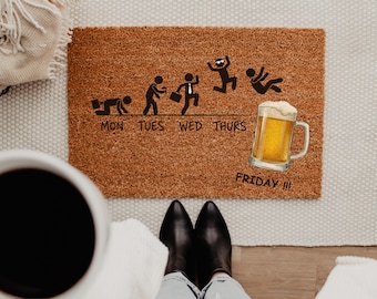 Funny Beer Doormat, Friday Beer Welcome Mat - Man Cave Outdoor Coir Rug for Front Porch Decor, Humorous Work Week Housewarming Gift For Him