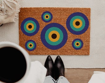 Evil Eye Doormat - Nazar Coir Door Mat, Good Vibes Welcome Mat, Greek Boho Porch Decor, Housewarming Protection Gift Front Entry Rug