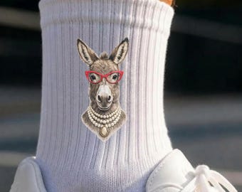 Funny Donkey Crew Socks, Sassy Farm Animal Socks - Cute Novelty Ribbed Socks, Vintage Glasses Donkey Gift For Her, Funny Stocking Stuffer