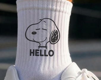 Hello Dog Socks, Cute Line Art Crew Socks - White Ribbed Novelty Socks, Retro Comic Puppy Apparel, Everyday Dog Lover Gift For Her